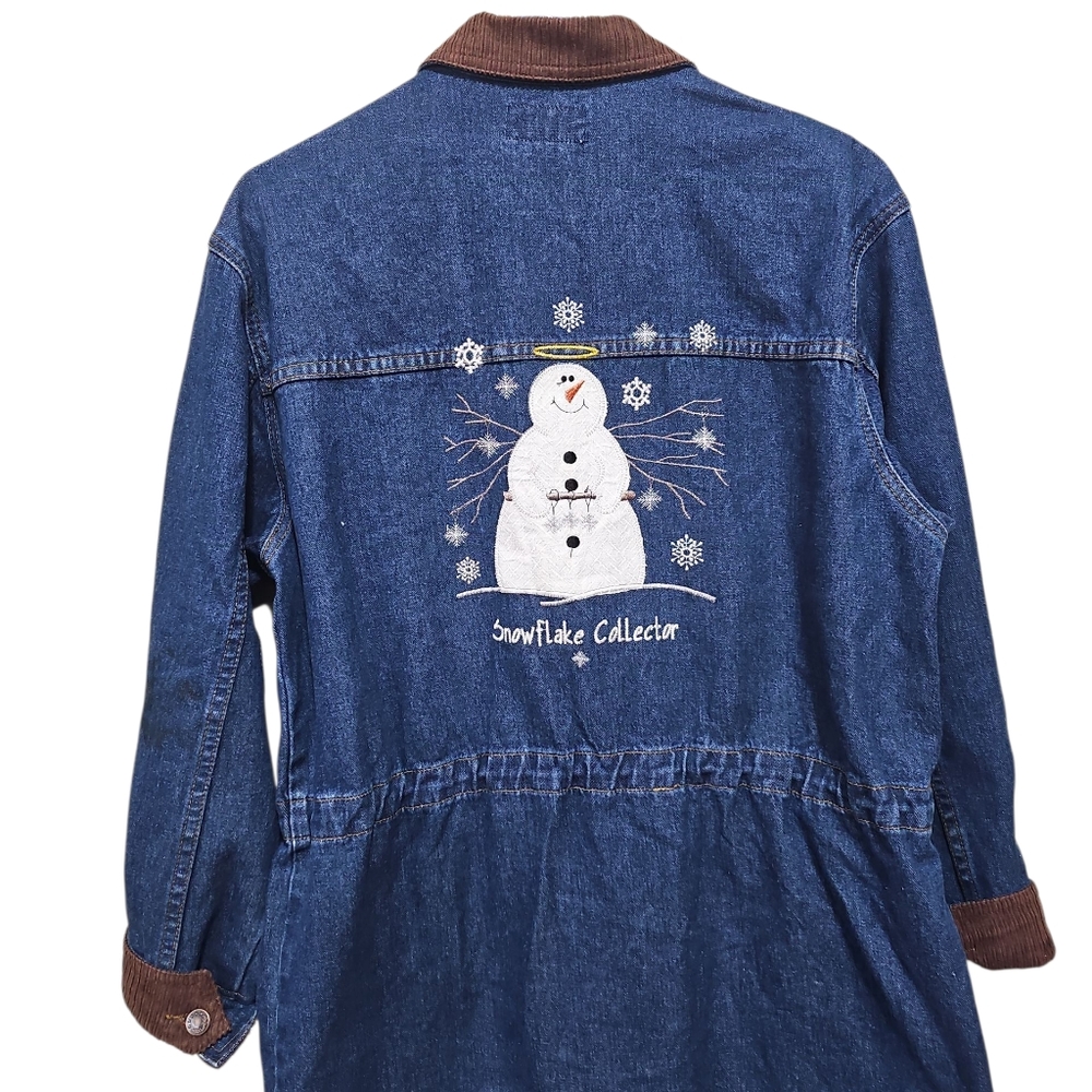 HAIK’S Vintage Snowman Snowflake Zip-up Denim Corduroy Cinched Chore Jacket Sz S